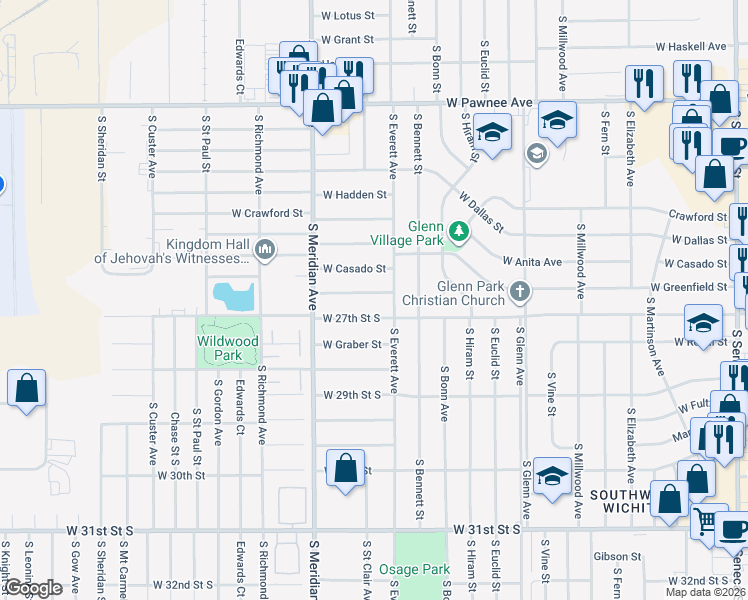 map of restaurants, bars, coffee shops, grocery stores, and more near 2215 West 27th Street South in Wichita