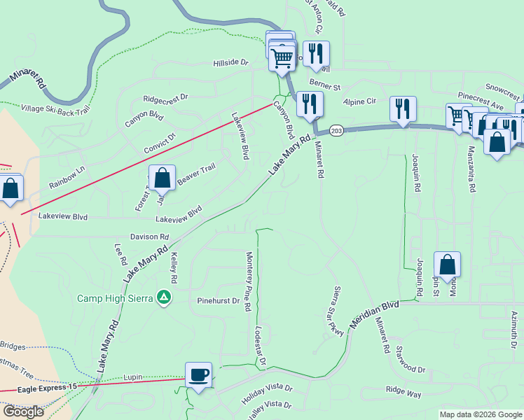 map of restaurants, bars, coffee shops, grocery stores, and more near 50 Hidden Valley Road in Mammoth Lakes