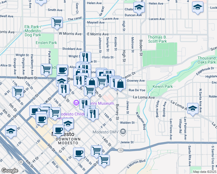map of restaurants, bars, coffee shops, grocery stores, and more near 710 18th Street in Modesto