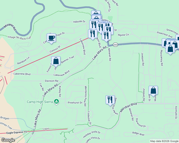 map of restaurants, bars, coffee shops, grocery stores, and more near 50 Hidden Valley Road in Mammoth Lakes