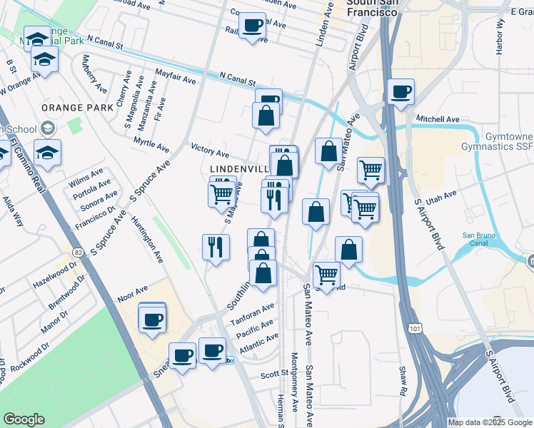 map of restaurants, bars, coffee shops, grocery stores, and more near 140 South Linden Avenue in South San Francisco