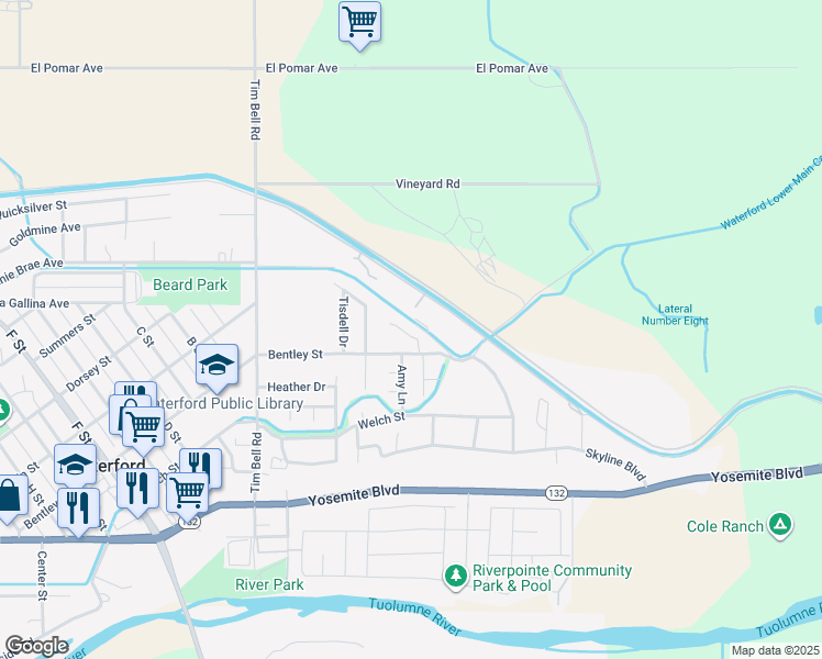 map of restaurants, bars, coffee shops, grocery stores, and more near 390 Amy Lane in Waterford