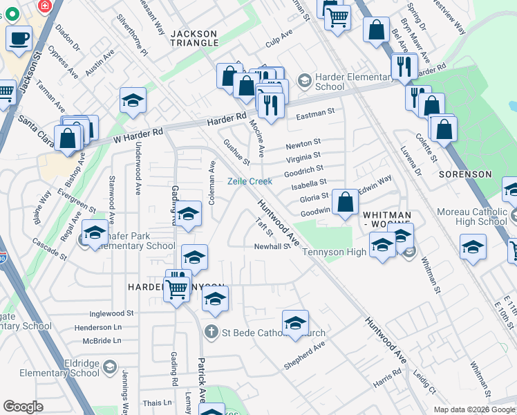 map of restaurants, bars, coffee shops, grocery stores, and more near 26293 Mocine Avenue in Hayward