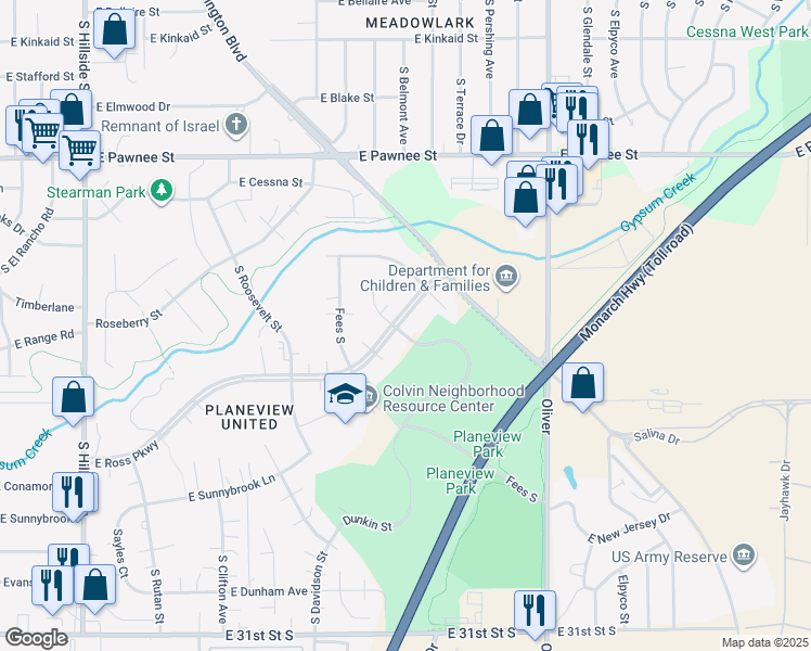 map of restaurants, bars, coffee shops, grocery stores, and more near 4201 East Ross Parkway in Wichita