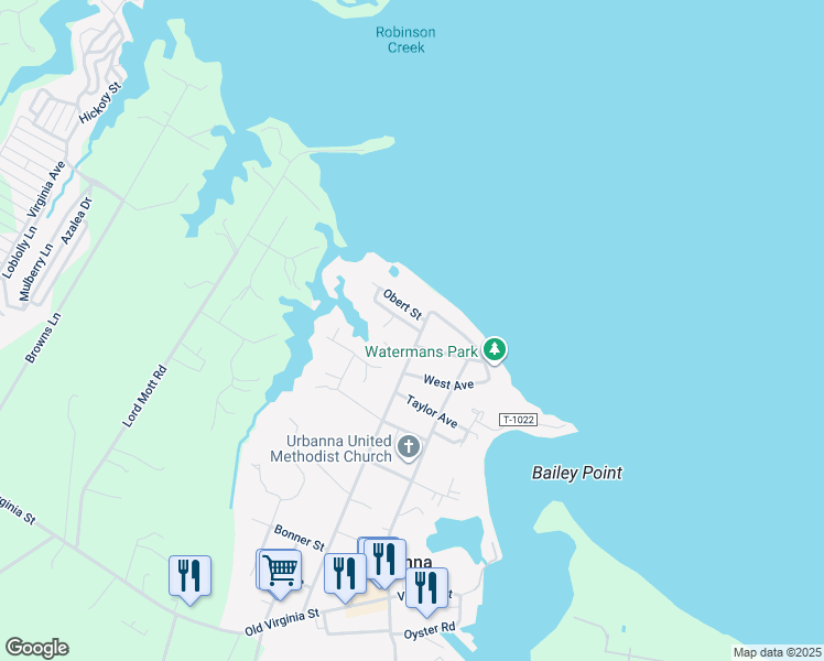 map of restaurants, bars, coffee shops, grocery stores, and more near 460 Rappahannock Avenue in Urbanna