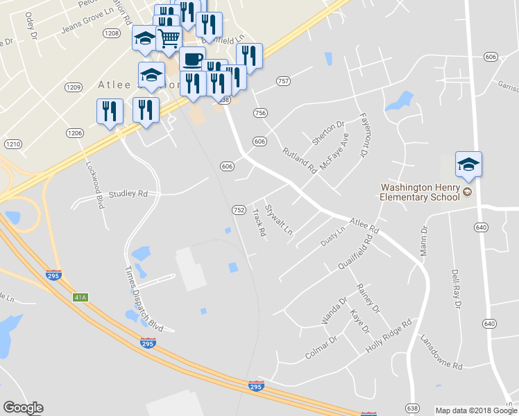 map of restaurants, bars, coffee shops, grocery stores, and more near 9028 Russet Lane in Mechanicsville
