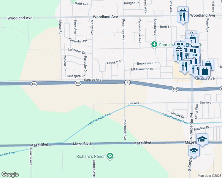 map of restaurants, bars, coffee shops, grocery stores, and more near 537 Kansas Avenue in Modesto
