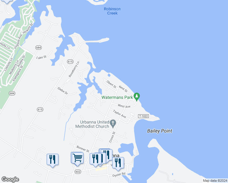 map of restaurants, bars, coffee shops, grocery stores, and more near 460 Rappahannock Avenue in Urbanna