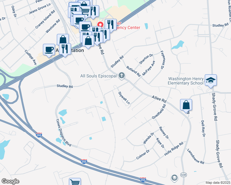 map of restaurants, bars, coffee shops, grocery stores, and more near 9028 Russet Lane in Mechanicsville