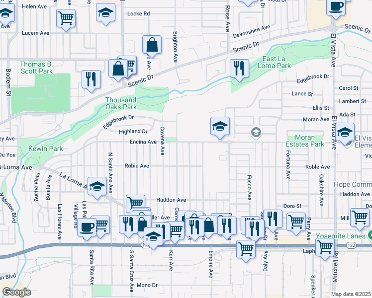map of restaurants, bars, coffee shops, grocery stores, and more near 1525 Camellia Way in Modesto