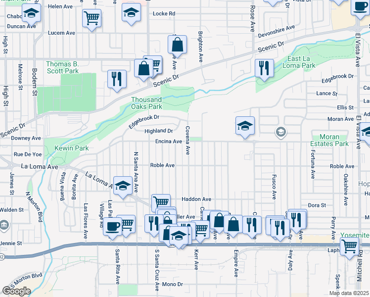 map of restaurants, bars, coffee shops, grocery stores, and more near 1501 Encina Avenue in Modesto