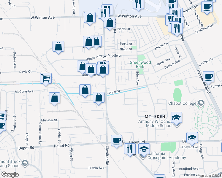 map of restaurants, bars, coffee shops, grocery stores, and more near 23966 Clawiter Road in Hayward