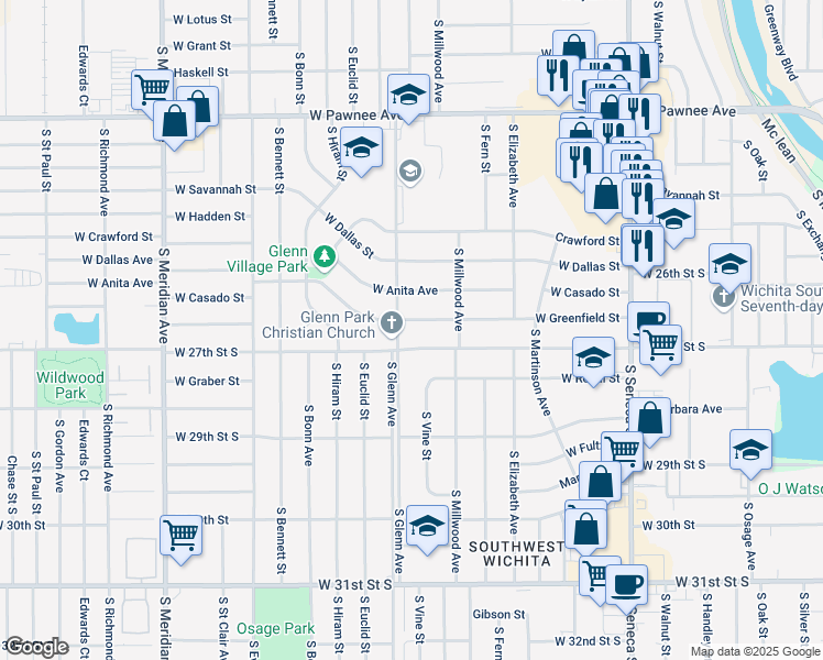 map of restaurants, bars, coffee shops, grocery stores, and more near 1726 West Greenfield Street in Wichita