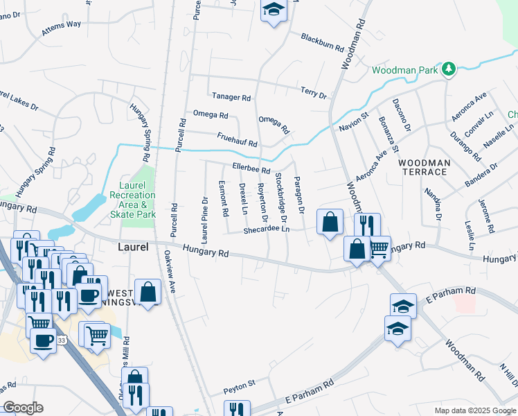map of restaurants, bars, coffee shops, grocery stores, and more near 9708 Royerton Drive in Henrico