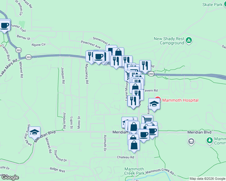 map of restaurants, bars, coffee shops, grocery stores, and more near 94 Shady Rest Road in Mammoth Lakes