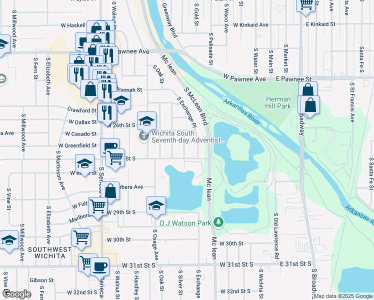 map of restaurants, bars, coffee shops, grocery stores, and more near 2746 Magnolia Street in Wichita