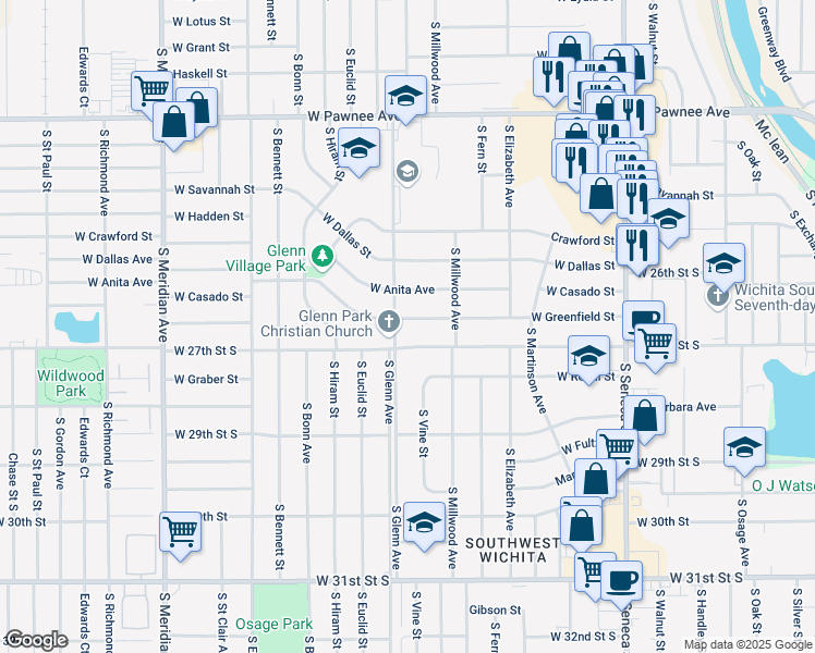 map of restaurants, bars, coffee shops, grocery stores, and more near 1726 West Greenfield Street in Wichita