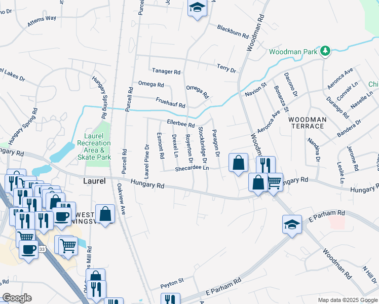 map of restaurants, bars, coffee shops, grocery stores, and more near 9708 Royerton Drive in Henrico
