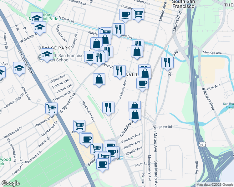 map of restaurants, bars, coffee shops, grocery stores, and more near 239 South Maple Avenue in South San Francisco