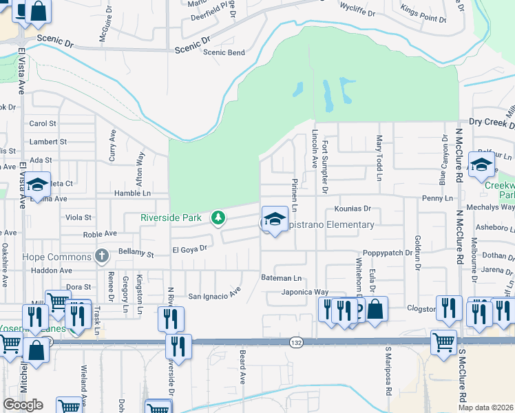 map of restaurants, bars, coffee shops, grocery stores, and more near 2809 Penny Lane in Modesto