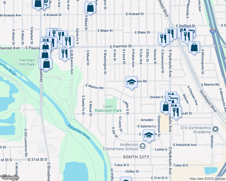 map of restaurants, bars, coffee shops, grocery stores, and more near 1115 E Marion Rd in Wichita