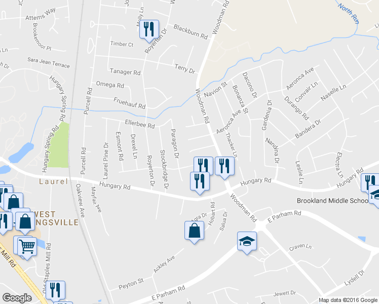 map of restaurants, bars, coffee shops, grocery stores, and more near 2428 Brandon Forest Court in Henrico