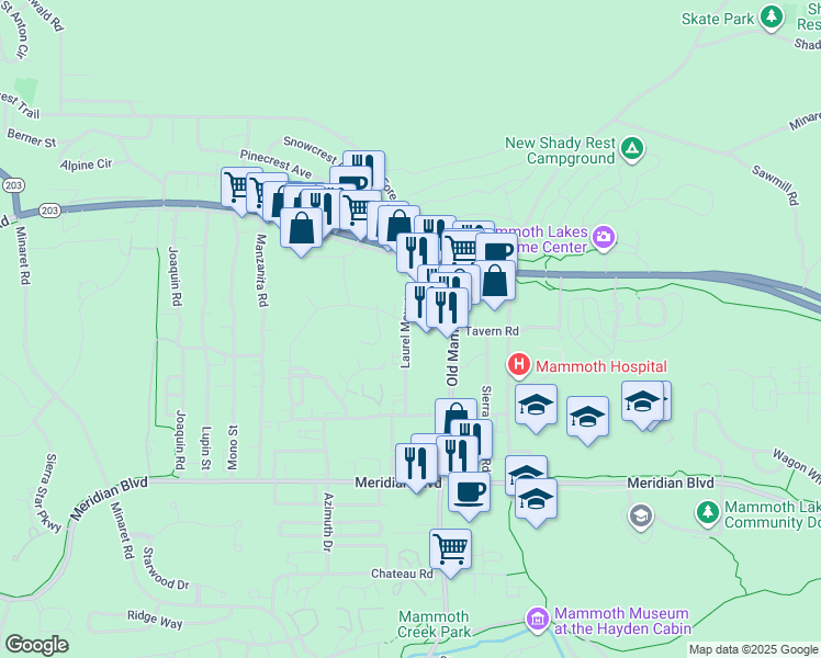 map of restaurants, bars, coffee shops, grocery stores, and more near 26 Old Mammoth Road in Mammoth Lakes