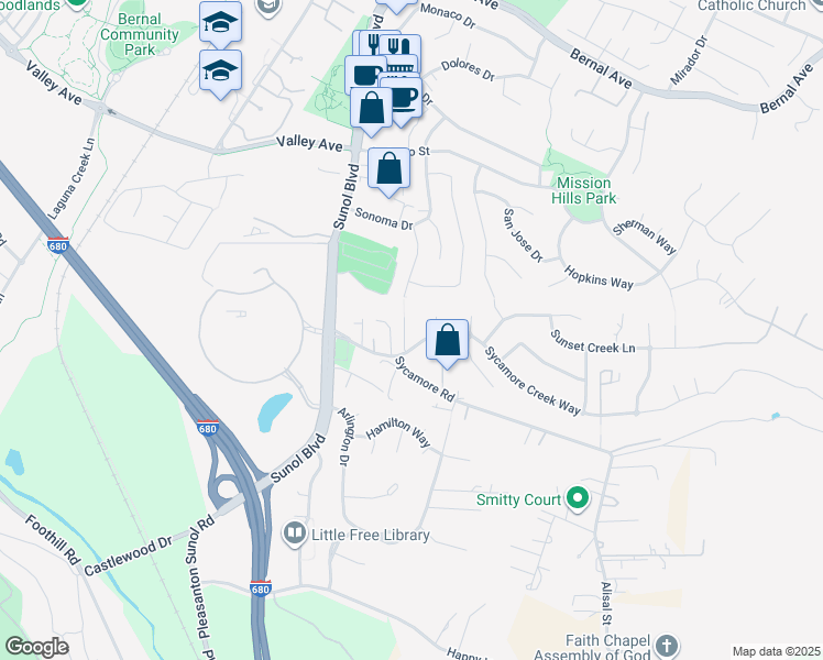 map of restaurants, bars, coffee shops, grocery stores, and more near 5760 Shadow Ridge Court in Pleasanton