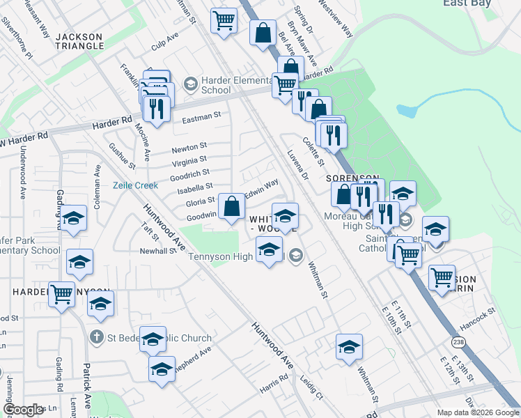 map of restaurants, bars, coffee shops, grocery stores, and more near 270 Jacaranda Drive in Hayward