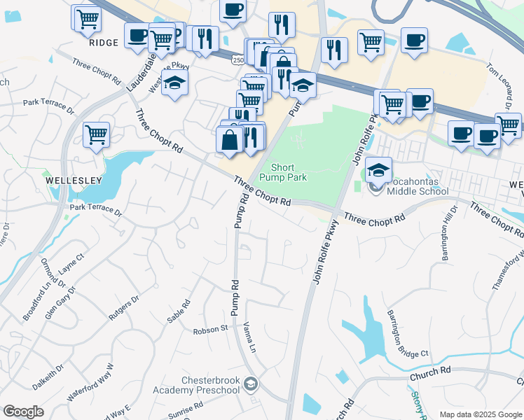 map of restaurants, bars, coffee shops, grocery stores, and more near 11764 Triple Notch Terrace in Richmond