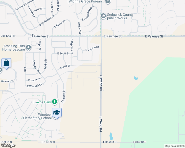 map of restaurants, bars, coffee shops, grocery stores, and more near 2501 South Webb Road in Wichita