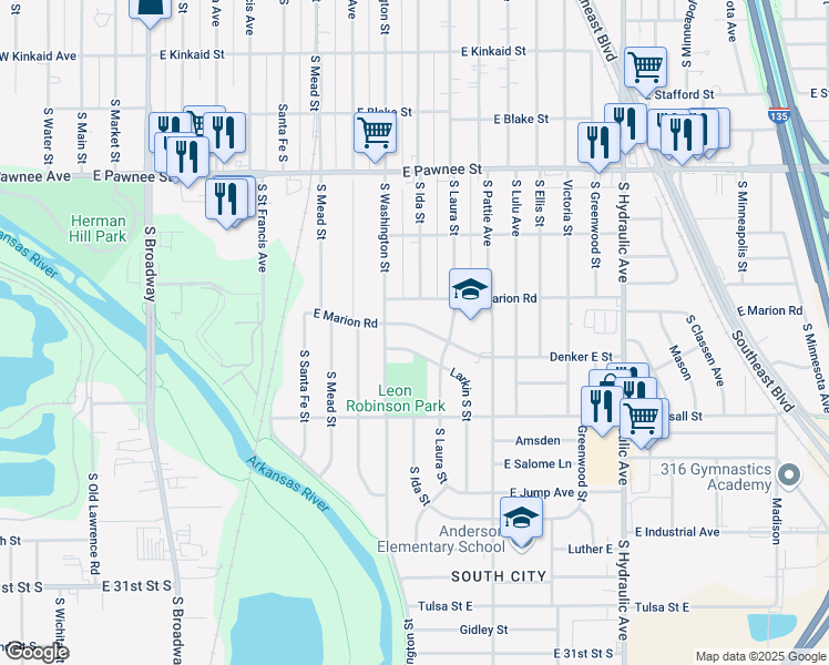 map of restaurants, bars, coffee shops, grocery stores, and more near 1115 E Marion Rd in Wichita