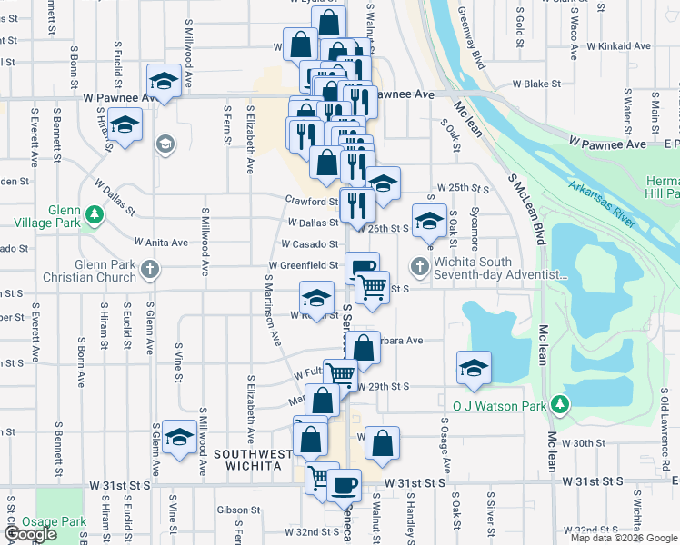 map of restaurants, bars, coffee shops, grocery stores, and more near 2735 South Seneca Street in Wichita