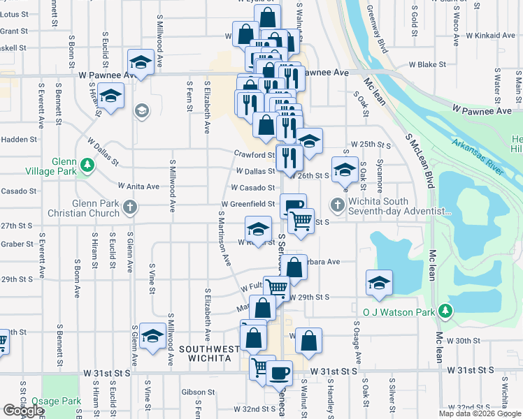 map of restaurants, bars, coffee shops, grocery stores, and more near 1210 West Greenfield Street in Wichita