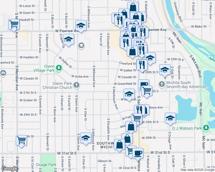 map of restaurants, bars, coffee shops, grocery stores, and more near 1508 West Greenfield Street in Wichita