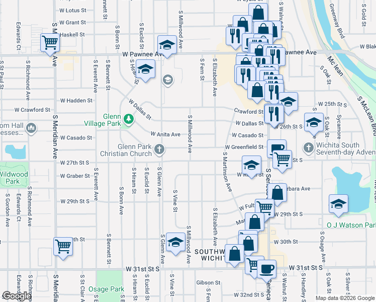 map of restaurants, bars, coffee shops, grocery stores, and more near 1626 W Greenfield St in Wichita