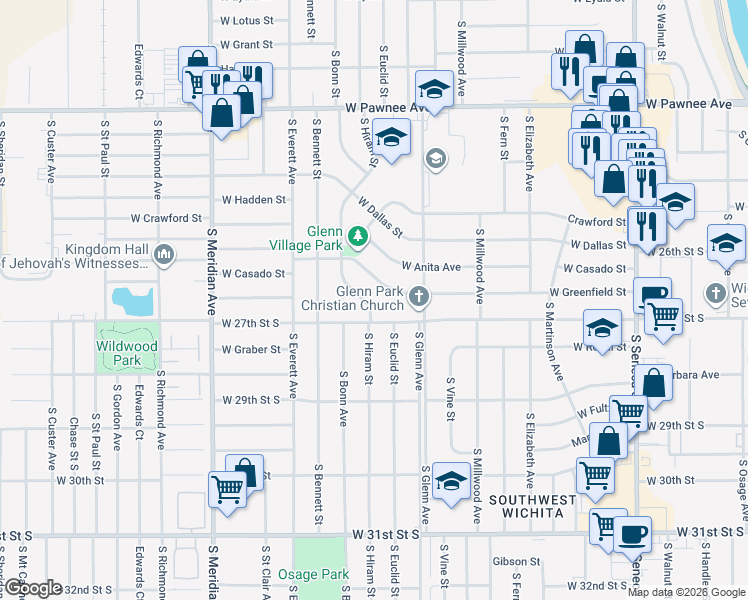 map of restaurants, bars, coffee shops, grocery stores, and more near 1946 W Greenfield St in Wichita