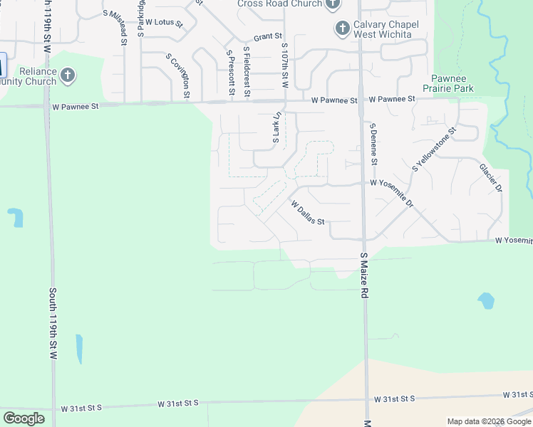 map of restaurants, bars, coffee shops, grocery stores, and more near 10713 West Yosemite Drive in Wichita