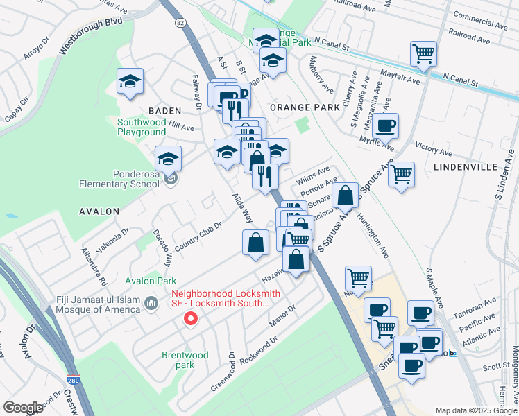 map of restaurants, bars, coffee shops, grocery stores, and more near 161 Country Club Drive in South San Francisco