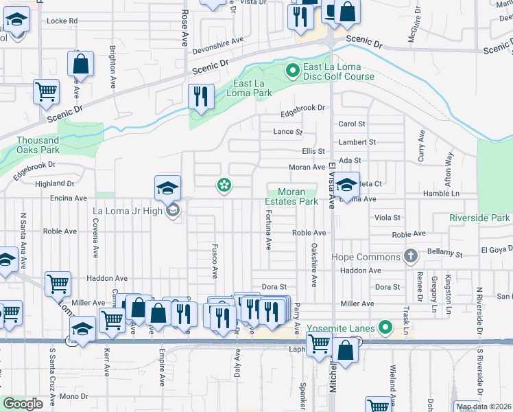 map of restaurants, bars, coffee shops, grocery stores, and more near 501 Fortuna Avenue in Modesto