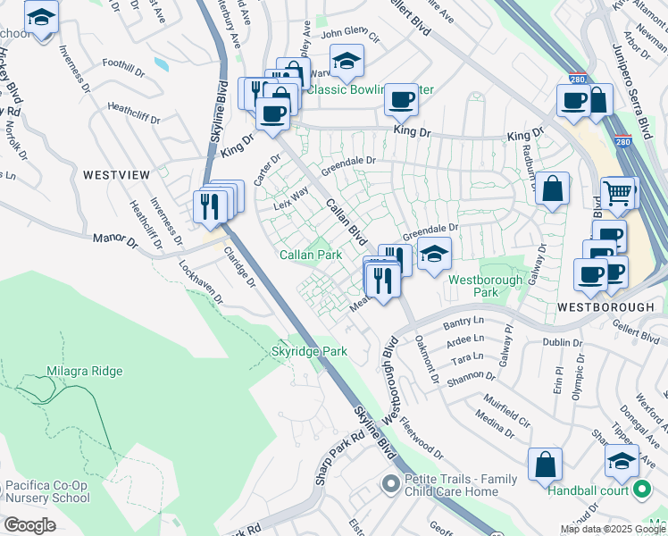 map of restaurants, bars, coffee shops, grocery stores, and more near 2679 Sean Court in South San Francisco