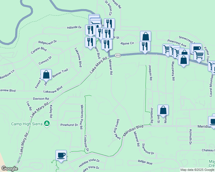 map of restaurants, bars, coffee shops, grocery stores, and more near 5701 Minaret Road in Mammoth Lakes