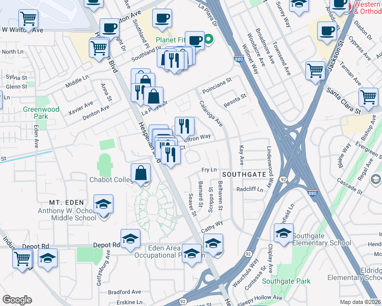 map of restaurants, bars, coffee shops, grocery stores, and more near 24982 Copa Del Oro Drive in Hayward