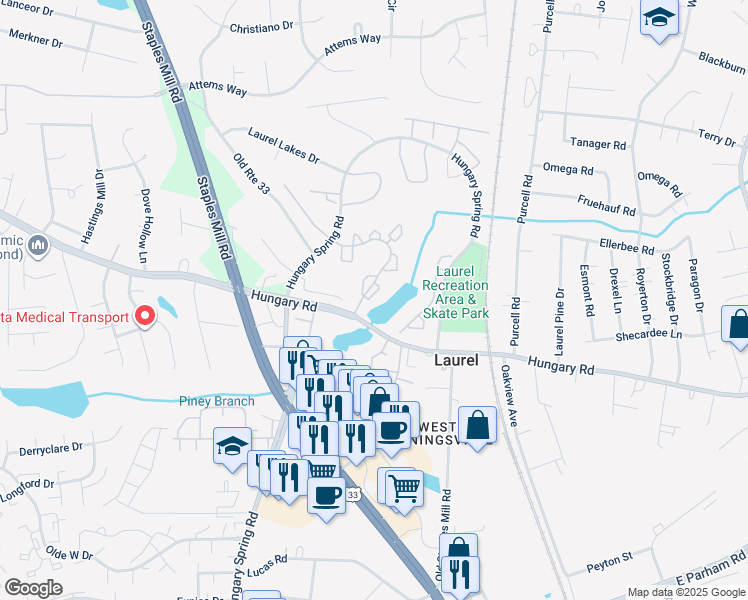 map of restaurants, bars, coffee shops, grocery stores, and more near 9351 Kempton Manor Court in Glen Allen