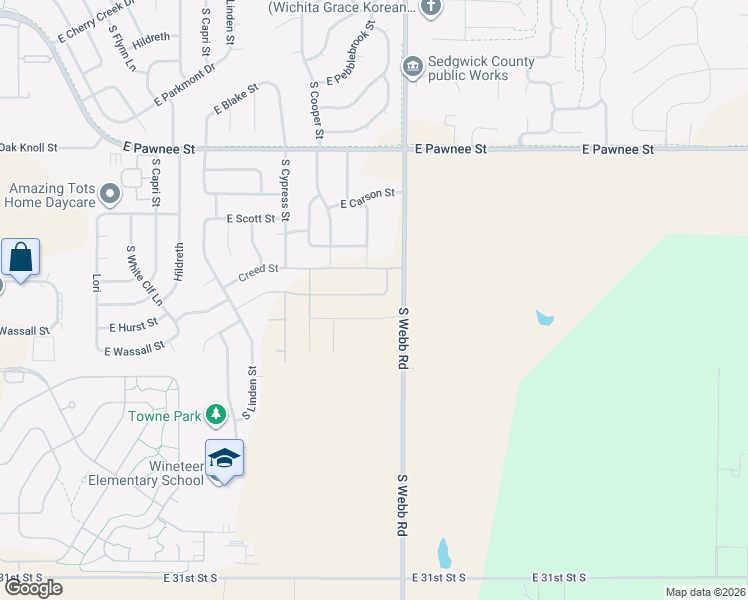 map of restaurants, bars, coffee shops, grocery stores, and more near 2501 South Webb Road in Wichita