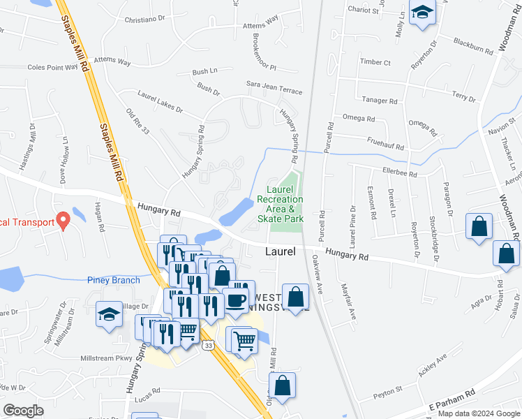map of restaurants, bars, coffee shops, grocery stores, and more near 10301 Hungary Spring Road in Richmond