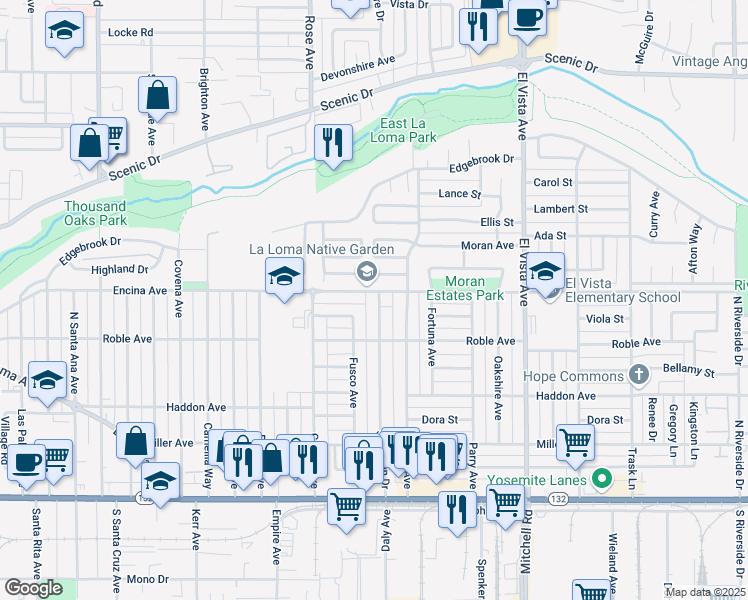 map of restaurants, bars, coffee shops, grocery stores, and more near 437 San Juan Drive in Modesto