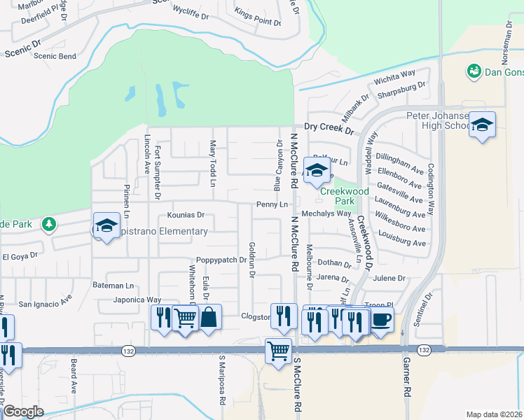 map of restaurants, bars, coffee shops, grocery stores, and more near 501 Blue Canyon Drive in Modesto