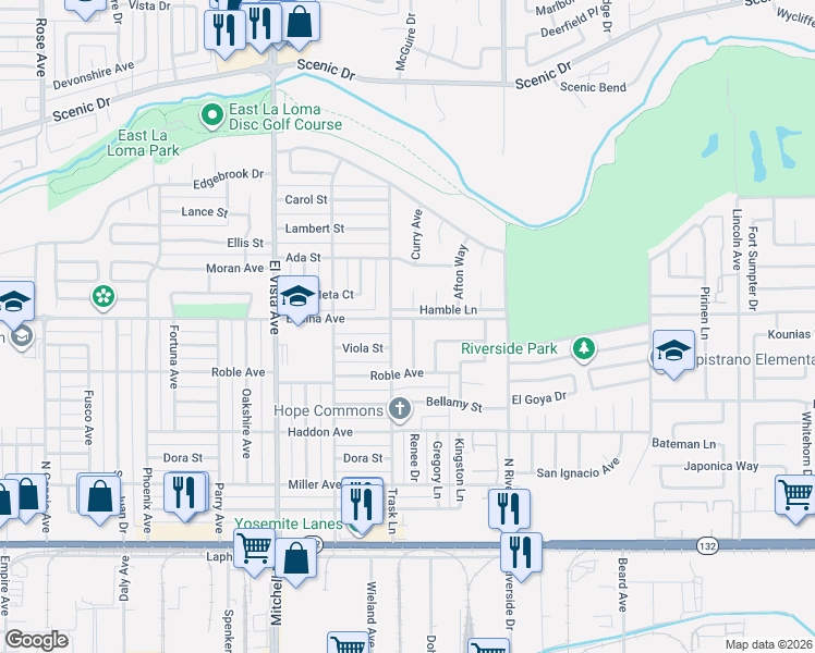 map of restaurants, bars, coffee shops, grocery stores, and more near 2401 Hamble Lane in Modesto