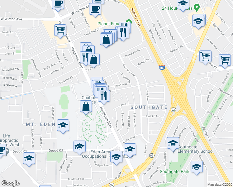 map of restaurants, bars, coffee shops, grocery stores, and more near 1158 Citron Way in Hayward